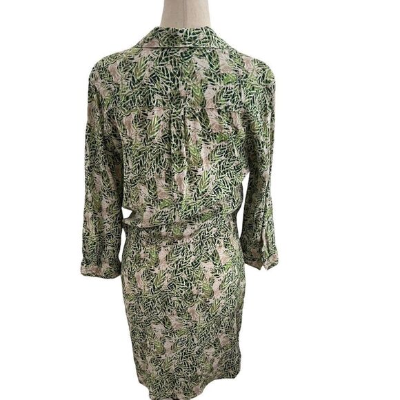 CAbi Style 280 Green + Tan Leaf Print Faux Wrap Dress w/ Collar Small - Picture 6 of 9